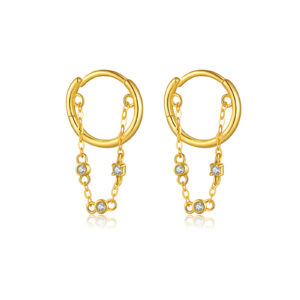 925 Silver Gold CZ Drop Huggie Earrings-MME974