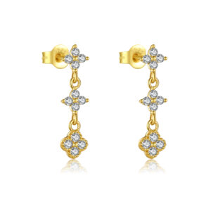 925 Silver Gold Clover CZ Stud Dangle Earrings-MME972