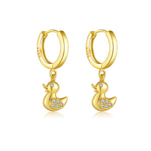 925 Silver Gold CZ Duck Pendant Hoop Earrings-MME969