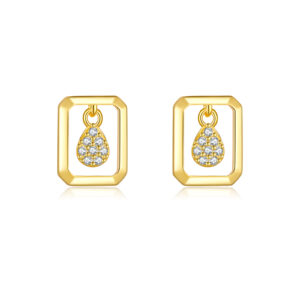 925 Silver Gold-Plated Square-Frame Water Drop CZ Pendant Stud Earrings-MME960