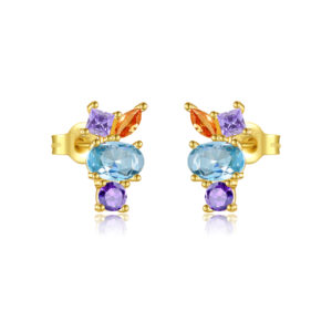 925 Silver Gold-Plated Multi-Color Gem Stud Earrings-MME954