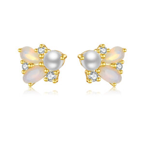 925 Silver Gold-Plated Gem & Pearl Stud Earrings-MME942