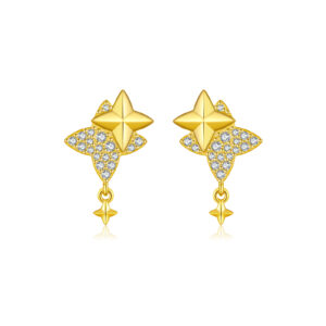 925 Silver Gold-Plated Double Star CZ Drop Earrings, Mini Star Drop 3mm-MME1122