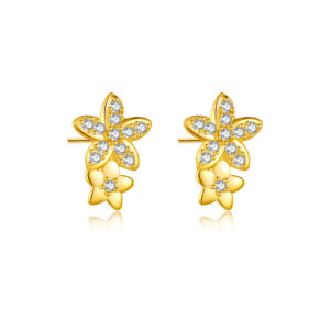 925 Silver Gold Double-Flower CZ Stud Earrings-MME926