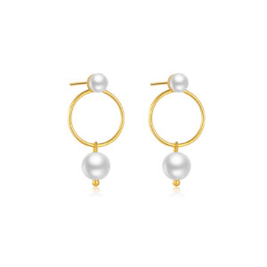 925 Silver Gold Pearl Hoop Drop Earrings-MME906