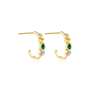 925 Silver Gold Bezel-Set Multi-CZ Curved Mini Hoop Studs-MME377