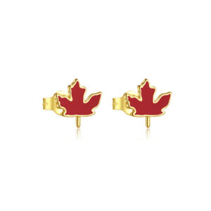 925 Silver Gold Red Resin Maple Leaf Stud Earrings-MME366