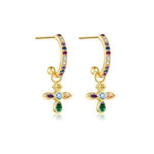 925 Silver CZ & Multi-Zircon Cross Hook Huggie Earrings-MME355