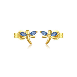 925 Silver Gold Dragonfly Shaped Double Stone Stud Earrings-MME340