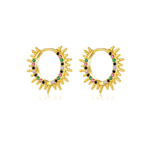 925 Silver Gold Starburst Side-Set CZ Hoop Earrings -MME289