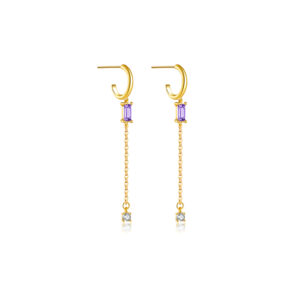 925 Silver Gold Baguette CZ Chain Drop Earrings-MME249