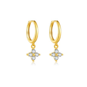 925 Silver Gold CZ Paved Clover Drop Huggie Earrings-MME246