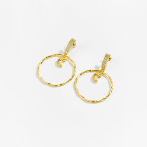 White Copper Gold Plated Twisted Circle Drop Earrings, Size: Moon 9.5mm, Outer Circle 37.5mm, Height 58mm, Hammered Texture Design-TTE060