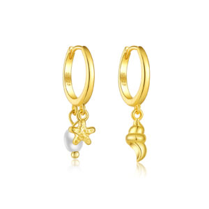 925 Silver Gold-Plated Mismatched Huggie Earrings, Starfish with Pearl Drop & Seashell-MME1140