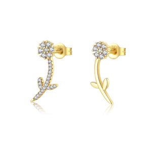 925 Silver Gold CZ Flower Stem Asymmetric Studs-MME579