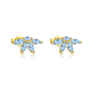 925 Silver Gold Double-Crystal Blue-White CZ Leaf Asymmetric Studs-MME574