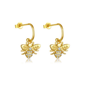 925 Silver Gold Hook-Style CZ-Studded Bee Drop Studs-MME488
