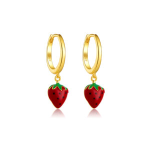 925 Silver Gold Epoxy Strawberry Drop Huggie Earrings-MME483