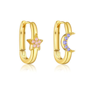 925 Silver Gold-Plated Asymmetrical Moon & Star CZ Huggie Earrings-MME1120
