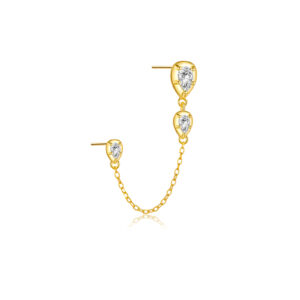 925 Silver Gold Bezel-Set Inverted Teardrop Single Chain CZ Charm Earring -MME918