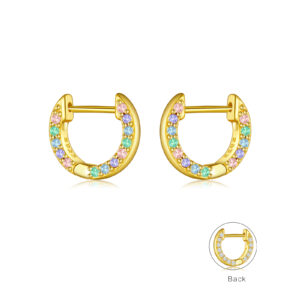 925 Silver Gold-Plated Reversible Huggie Earrings, Multicolor CZ Front, Opal Back-MME1119
