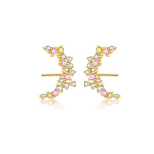 925 Silver Gold Pink-White CZ Curved Earrings-MME909