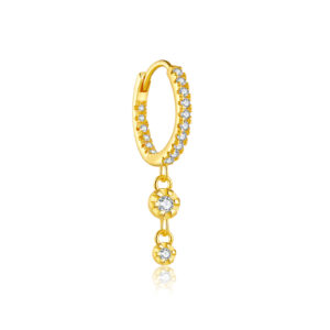 925 Silver Gold-Plated Inner & Outer Paved CZ Huggie Earring with Single Petal-Set CZ Drop-MME907