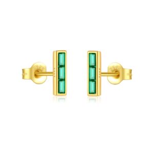 925 Silver Gold Bezel-Set Rectangular Green Stone Earrings-MME899