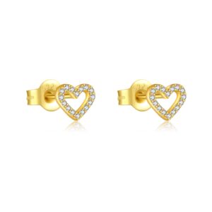 925 Silver Gold CZ Heart Earrings-MME897