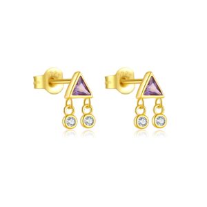 925 Silver Gold Triangle CZ Double Diamond Drop Earrings-MME896