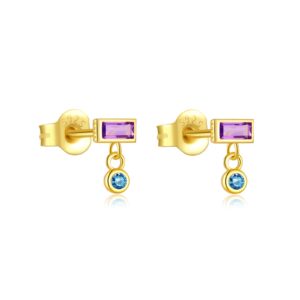925 Silver Gold Rectangular Purple Gem Blue Diamond Drop Earrings-MME887