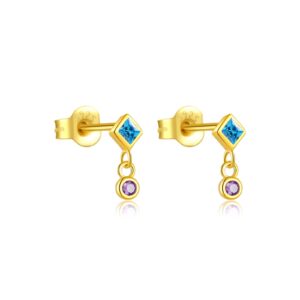 925 Silver Gold Square Blue Diamond & Purple Diamond Drop Earrings-MME886