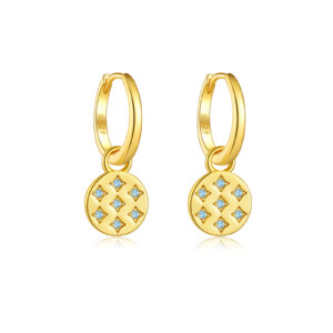 925 Silver Gold-Plated Blue CZ Star Disc Charm Huggie Earrings-MME1116