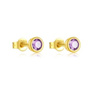 925 Silver Gold Bezel-Set Purple Gem Single-Diamond Earrings-MME873