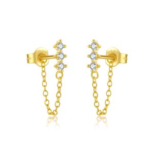 925 Silver Gold Diamond Chain CZ Charm Drop Earrings-MME872
