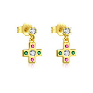 925 Silver Gold-Plated Multicolor CZ Cross Dangle Stud Earrings-MME1114