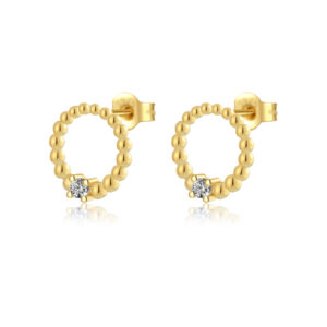 925 Silver Gold Beaded Hoop CZ Stud Earrings -MME855