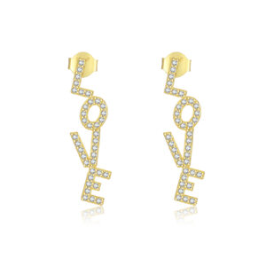 925 Silver Gold LOVE Letter CZ Line-Set Long Stud Earrings -MME853