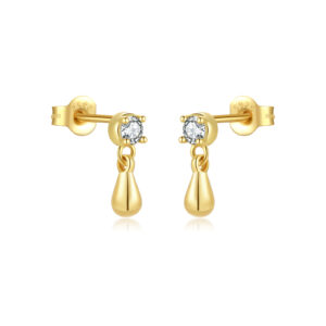 925 Silver Gold Single-CZ Teardrop Charm Minimalist Stud Earrings-MME840