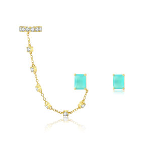 925 Silver Gold Chain CZ Charm (Chain/Single CZ) Magenta/Turquoise Earrings-MME801