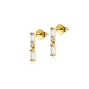 925 Silver Gold Multi-Color Baguette CZ Double-Layer Geometric Stud Earrings-MME303