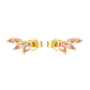 925 Silver Gold Left-Right Style Pink CZ Double-Petal Earrings-MME772