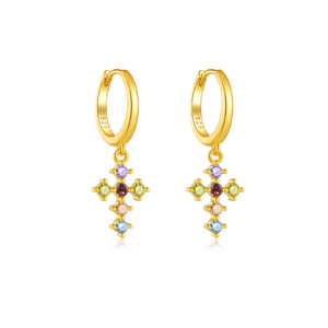 925 Silver Gold-Plated Cross Rainbow CZ Drop Huggie Earrings (Multi-Color) - MME151