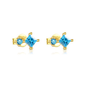 925 Silver Gold Four-Prong Blue CZ Stud Earrings-MME327