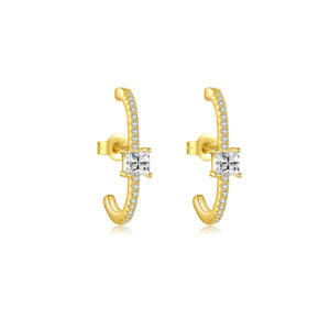925 Silver Gold J-Shape CZ/Square Stone Earrings-MME795