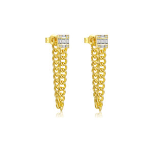 925 Silver Gold Top-CZ Chunky Chain Earrings-MME791
