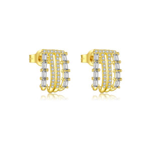 925 Silver Gold C-Shape Four-Row CZ Earrings-MME786
