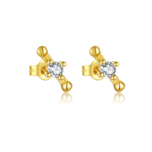 925 Silver Gold Scepter-Shaped Single CZ Earrings-MME765