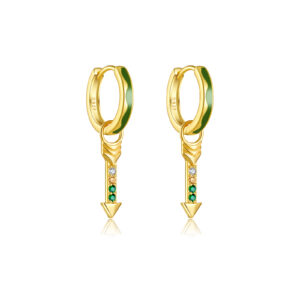 925 Silver Gold Chain CZ Charm Green CZ Arrow Huggie Earrings-MME754