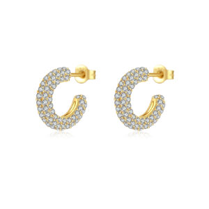 925 Silver Gold C-Shaped Full-Set CZ Earrings-MME750